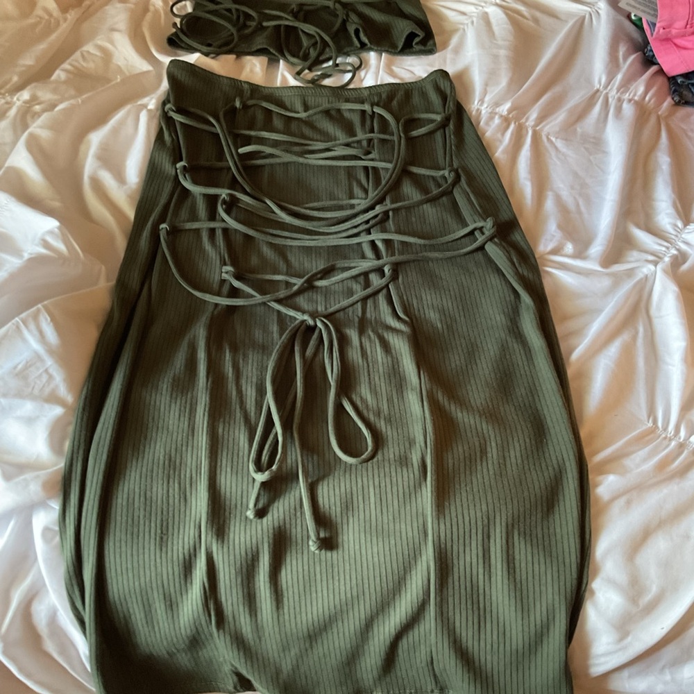 Fashion Nova Olive Backless Lace-Up Two Piece Skirt Set - Picture 2 of 7